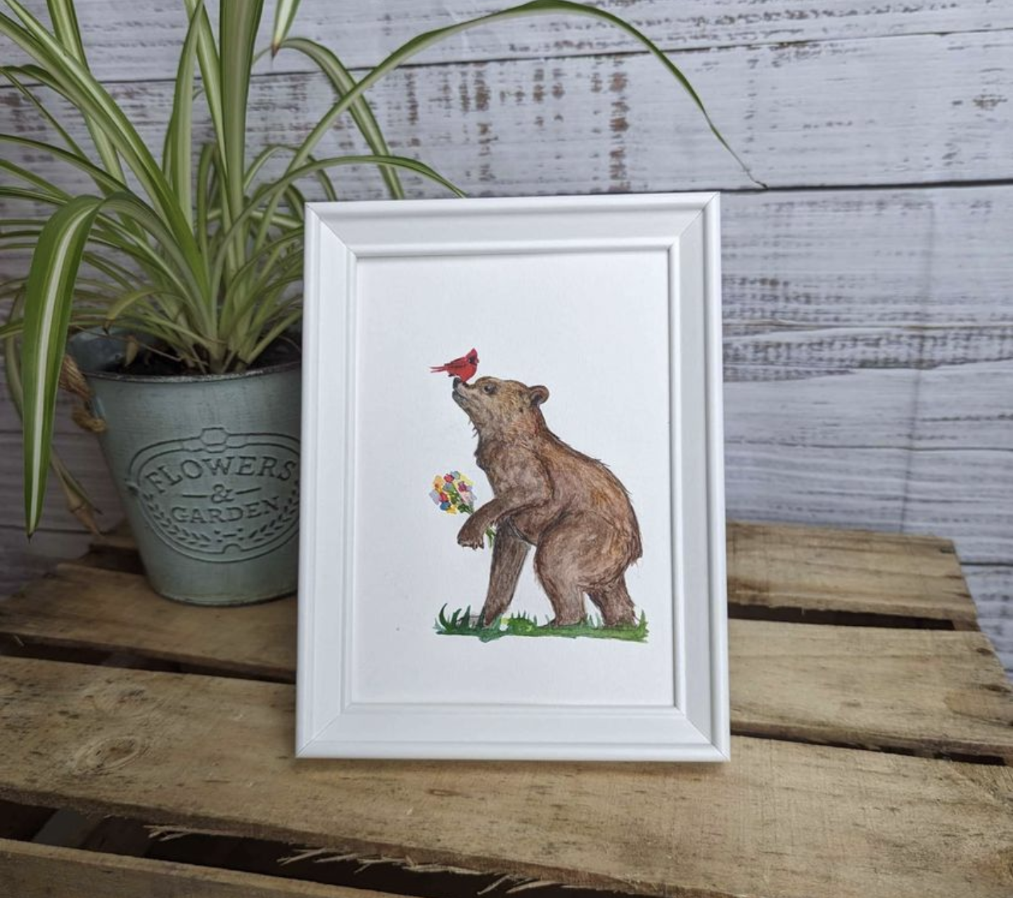 Bear and Cardinal Watercolor Painting - Framed